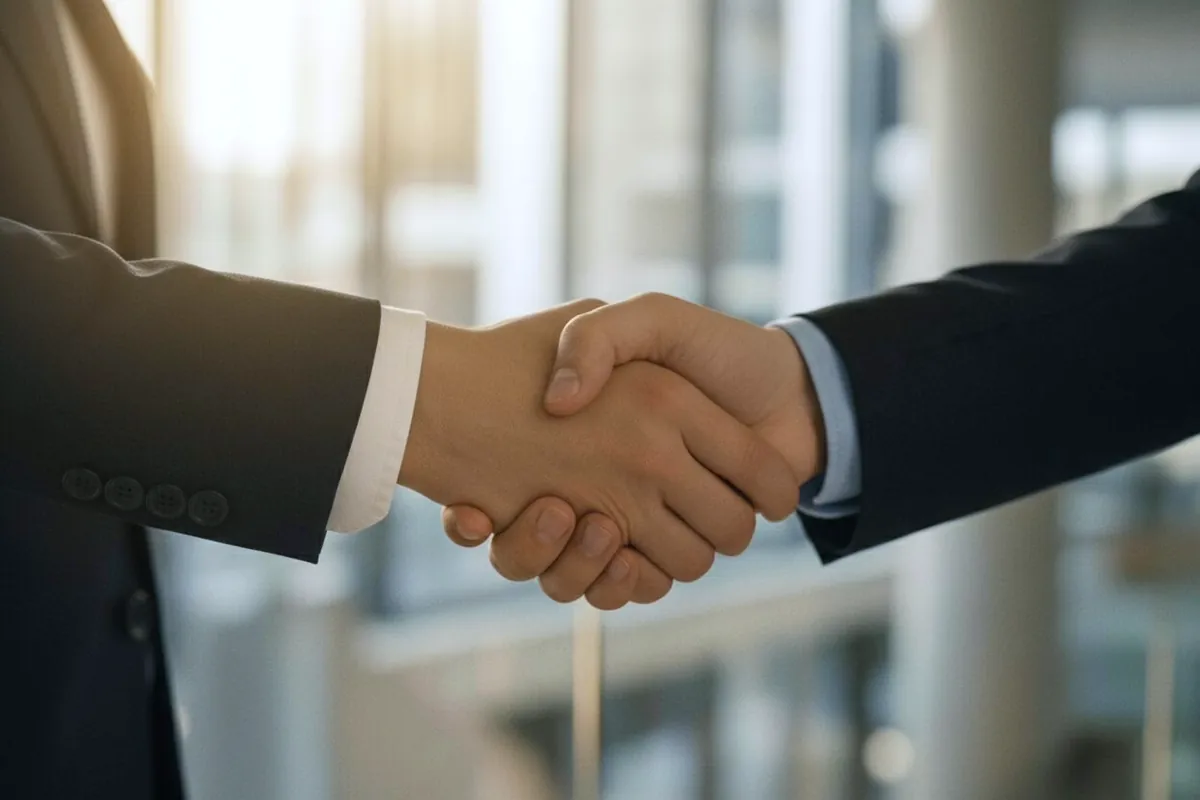 Stretta di mano fra due professionisti in un ufficio