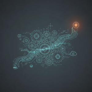 Business process mapping con ingranaggi interconnessi e linee fluide, accenni di automazione digitale.