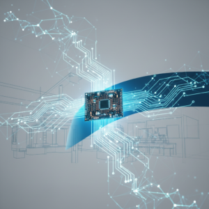 Rete neurale luminosa integrata nel progetto di una fabbrica moderna per l'intelligenza artificiale in azienda.