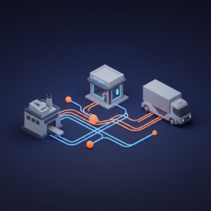 Schema di rete neurale stilizzata che collega rappresentazioni astratte di fabbrica, negozio e camion, rappresentando l'intelligenza artificiale nelle PMI.