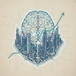 Cervello neurale stilizzato integrato in una planimetria cittadina futuristica, con grafici che indicano la crescita dell'intelligenza artificiale per aziende.