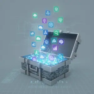 Open toolbox with digital icons for cloud, AI, and analytics, symbolizing strumenti digitali piccole imprese.