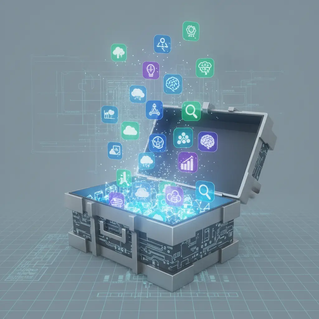 Open toolbox with digital icons for cloud, AI, and analytics, symbolizing strumenti digitali piccole imprese.