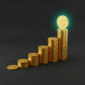 Grafico a barre stilizzato di monete d'oro che sale verso l'alto per comunicare l'aumento stipendio.