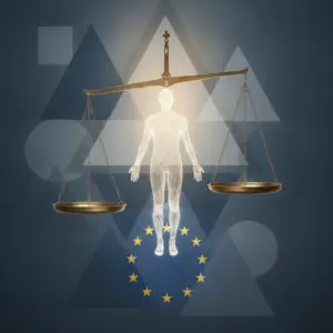Bilancia che simboleggia la trasparenza nei colloqui di lavoro con silhouette umana stilizzata e base che richiama la bandiera UE.
