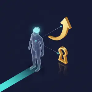 Infografica stilizzata: silhouette umana con cervello illuminato, freccia di crescita e simbolo chiave, illustra la ricerca e selezione del personale come investimento strategico.