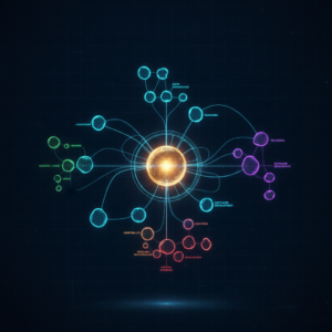 Mappa mentale olografica con nodi interconnessi di competenze e ruoli per l'analisi competenze lavorative.
