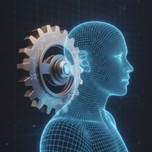 Software recruiting: ingranaggio metallico si incastra con profilo umano digitale, processo tecnico strategico.