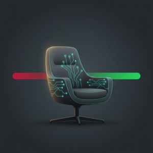 Sedia da colloquio di lavoro con rete neurale integrata e barra di progresso da rosso a verde, illustrazione moderna.
