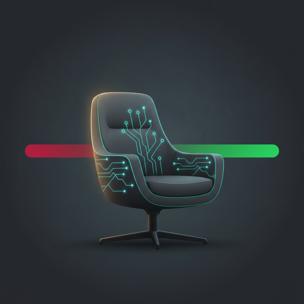 Sedia da colloquio di lavoro con rete neurale integrata e barra di progresso da rosso a verde, illustrazione moderna.