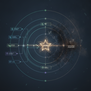 Diagramma a flusso organizzato per la selezione del personale, con un elemento di disordine che rappresenta colloqui improvvisati.
