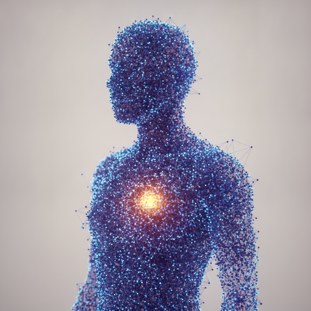 Rappresentazione astratta di una figura umana formata da nodi interconnessi, con un nodo in evidenza, per la selezione del personale.