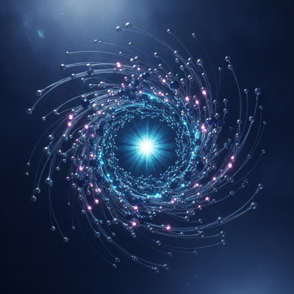 Rete astratta di nodi luminosi che simboleggiano il change management, con un nodo centrale che guida gli altri nella trasformazione.