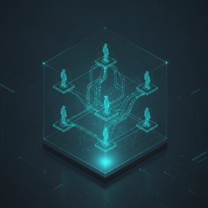 Nodi di intelligenza artificiale recruiting connessi con sagome umane stilizzate in un progetto olografico.