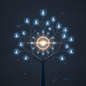 Un albero digitale astratto con nodi luminosi che rappresentano candidati, con un nodo luminoso che funge da "talent pool" strategico, enfatizzando il recruiting software.
