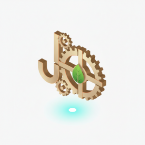 Sistema di ingranaggi interconnessi forma il monogramma "JD" con una foglia verde, simboleggiando il job design sostenibile e l'aumento di produttività.