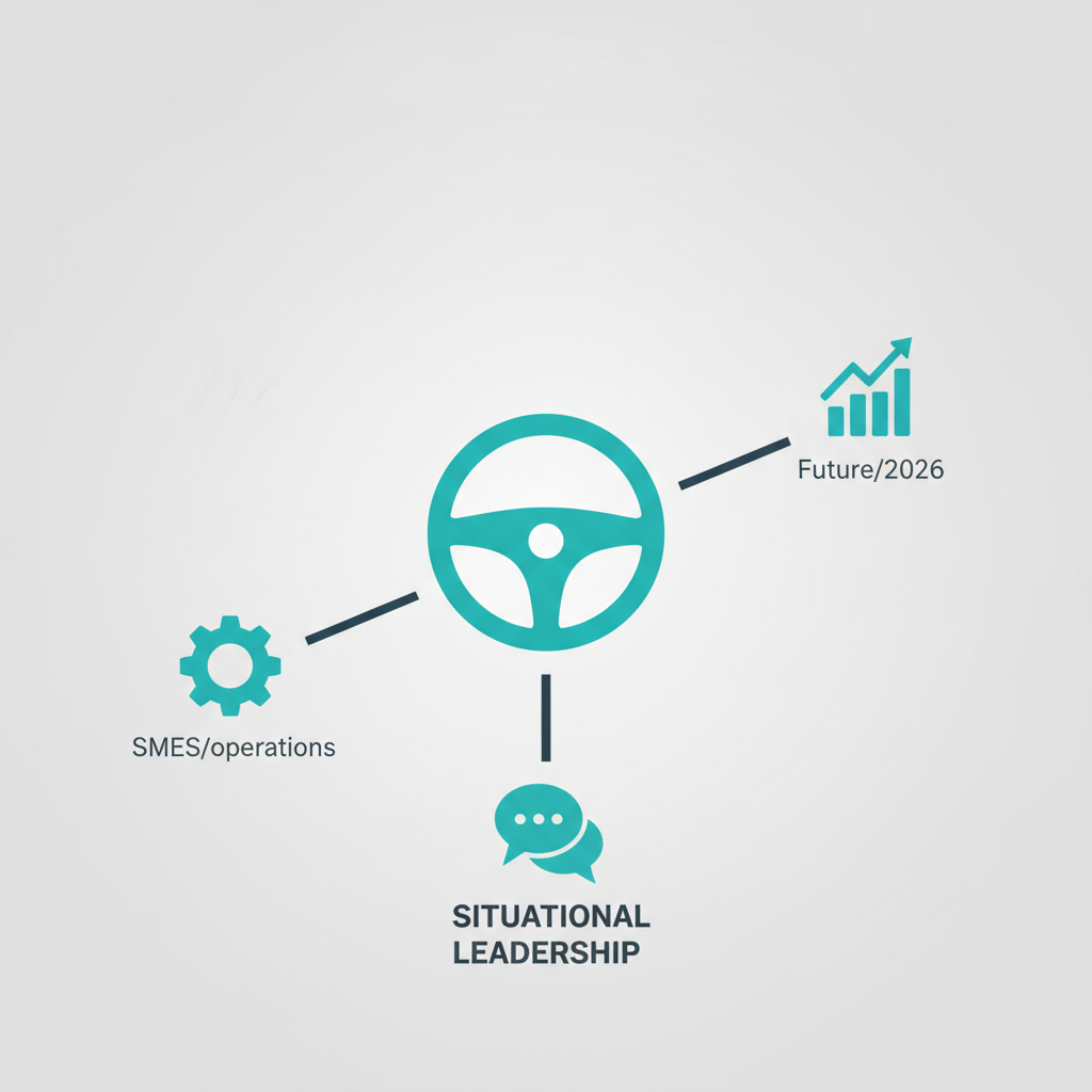 Infografica con volante che simboleggia la leadership situazionale, con tre percorsi distinti verso icone di ingranaggio, fumetto e grafico di crescita.