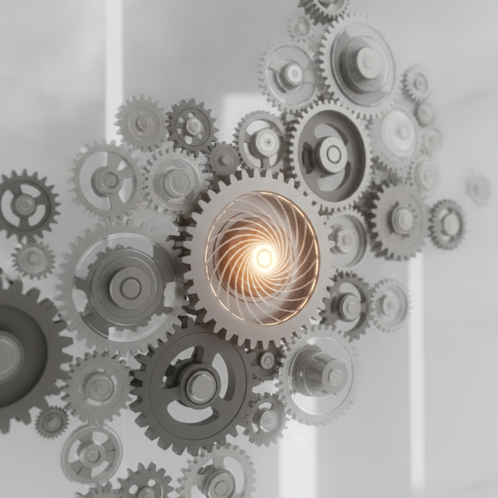 Rete stilizzata di ingranaggi interconnessi, che simboleggia la gestione di team con diversi livelli di esperienza, al centro dei corsi di formazione manager.