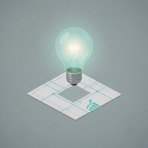 Illustrazione isometrica di una lampadina sopra una griglia con un grafico di crescita, a rappresentare i colloqui individuali dipendenti.