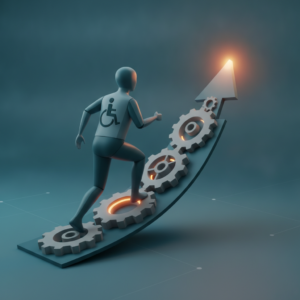 Percorso astratto verso l'inclusione lavorativa disabilit&agrave;, con ingranaggi che simboleggiano progresso verso la luce.