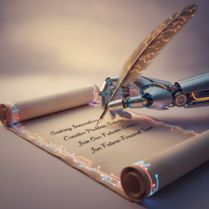 Una mano robotica AI scrive un annuncio di lavoro accogliente, integrando circuiti luminosi per un'esperienza pi&ugrave; umana, con un focus su intelligenza artificiale annunci lavoro.