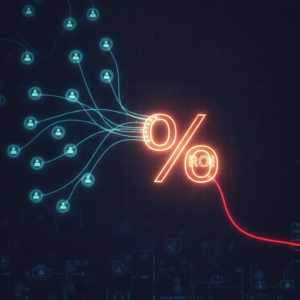Blueprint stilizzato con nodi luminosi di capitale umano collegati a un simbolo di ROI illuminato per la guida strategica sui ROI progetti HR.